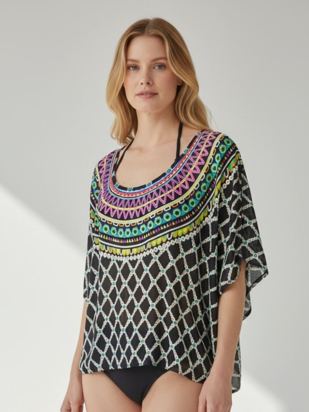 Trina Turk Caftan Tunic Cover Up Medium Boho Geometric Resort Beach Top